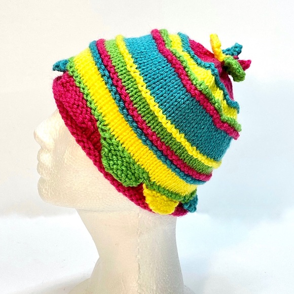 NWT Hand Knit Bright Colorful Rainbow Striped Beanie Hat Size 12-24 Mos. - Picture 10 of 10